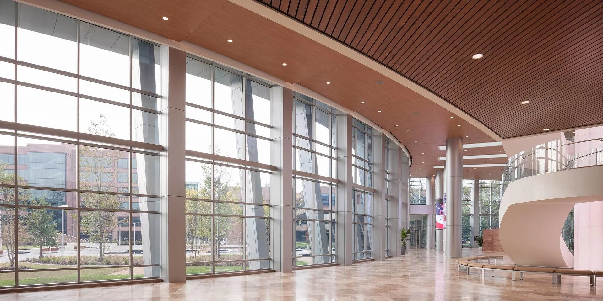 Modern indoor space with large glass windows, wooden ceiling, and a curved white architectural feature.