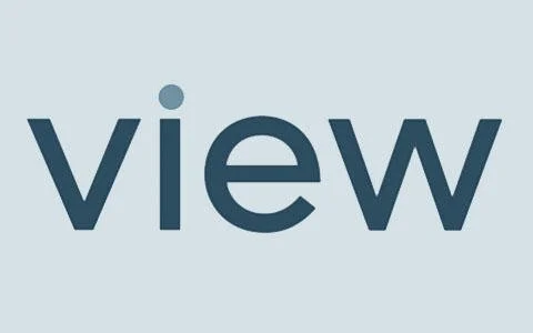 The word 'view' in dark blue lowercase letters on a light blue background.
