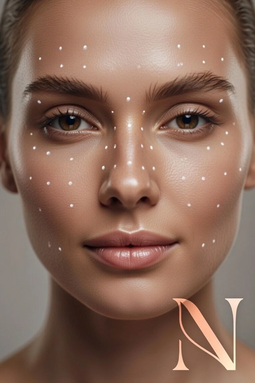 Close-up of a young woman's face with white dots marked on her forehead, nose, cheeks, chin, and around her eyes and eyebrows, possibly for cosmetic or dermatological purposes.