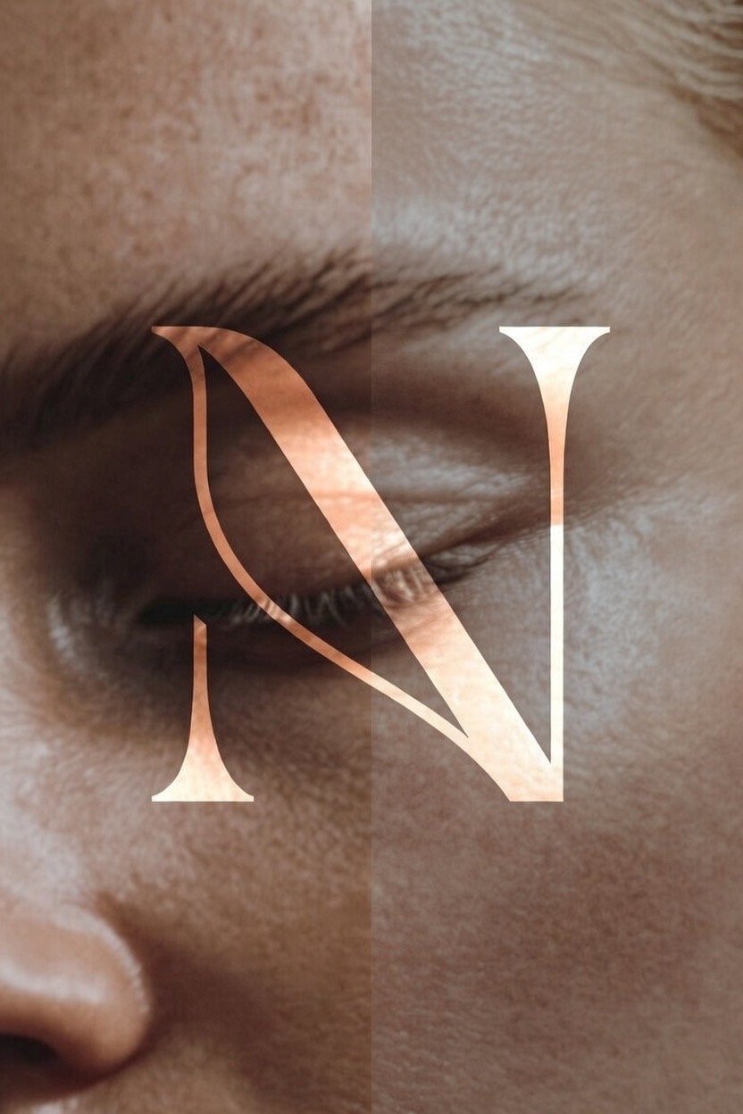Close-up of a person's face focused on the eye and eyebrow, with a large transparent 'N' superimposed on the image.