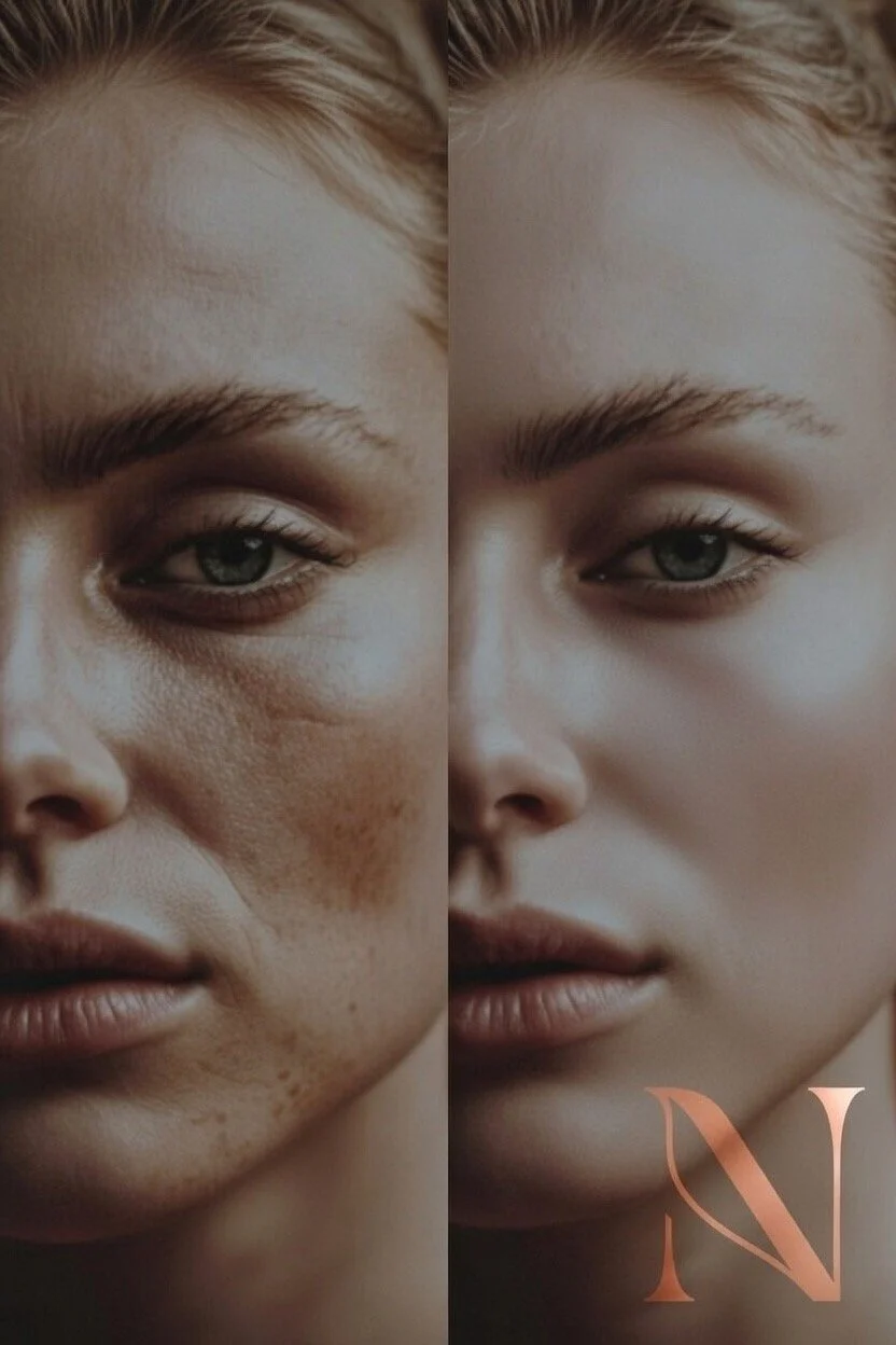A side-by-side comparison of a woman's face showing a close-up of her facial skin before and after skincare treatment, highlighting a reduction in skin blemishes and pores on the right.