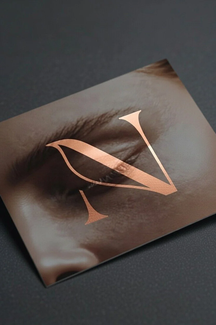 Close-up of makeup or beauty product packaging featuring a detailed image of an eye with makeup, with an elegant, stylized letter 'N' for Nova, overlayed in a rose gold color.