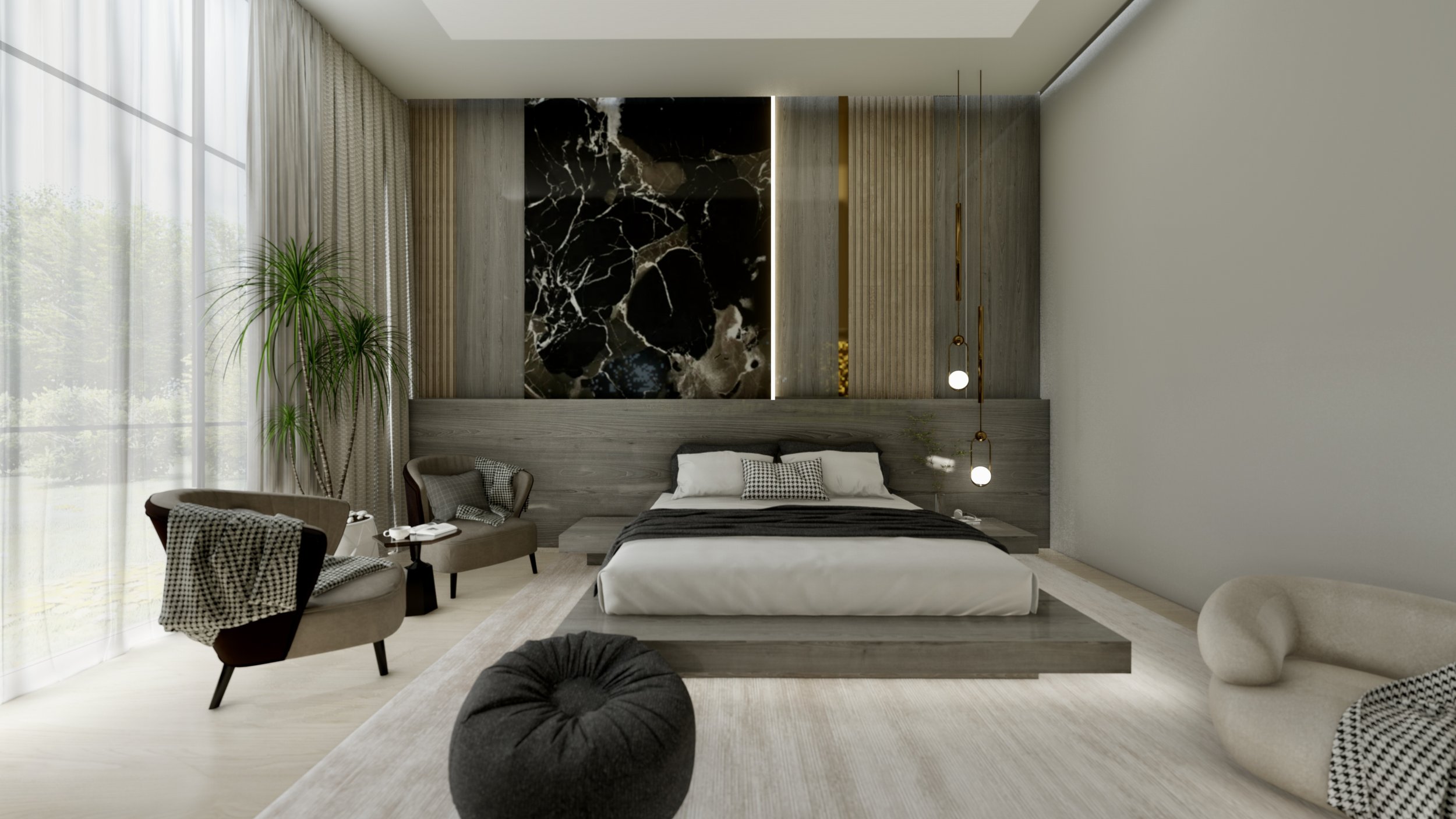 Modern bedroom with a large bed, black marble accent wall, beige armchairs, a black pouf, and floor-to-ceiling windows with curtains