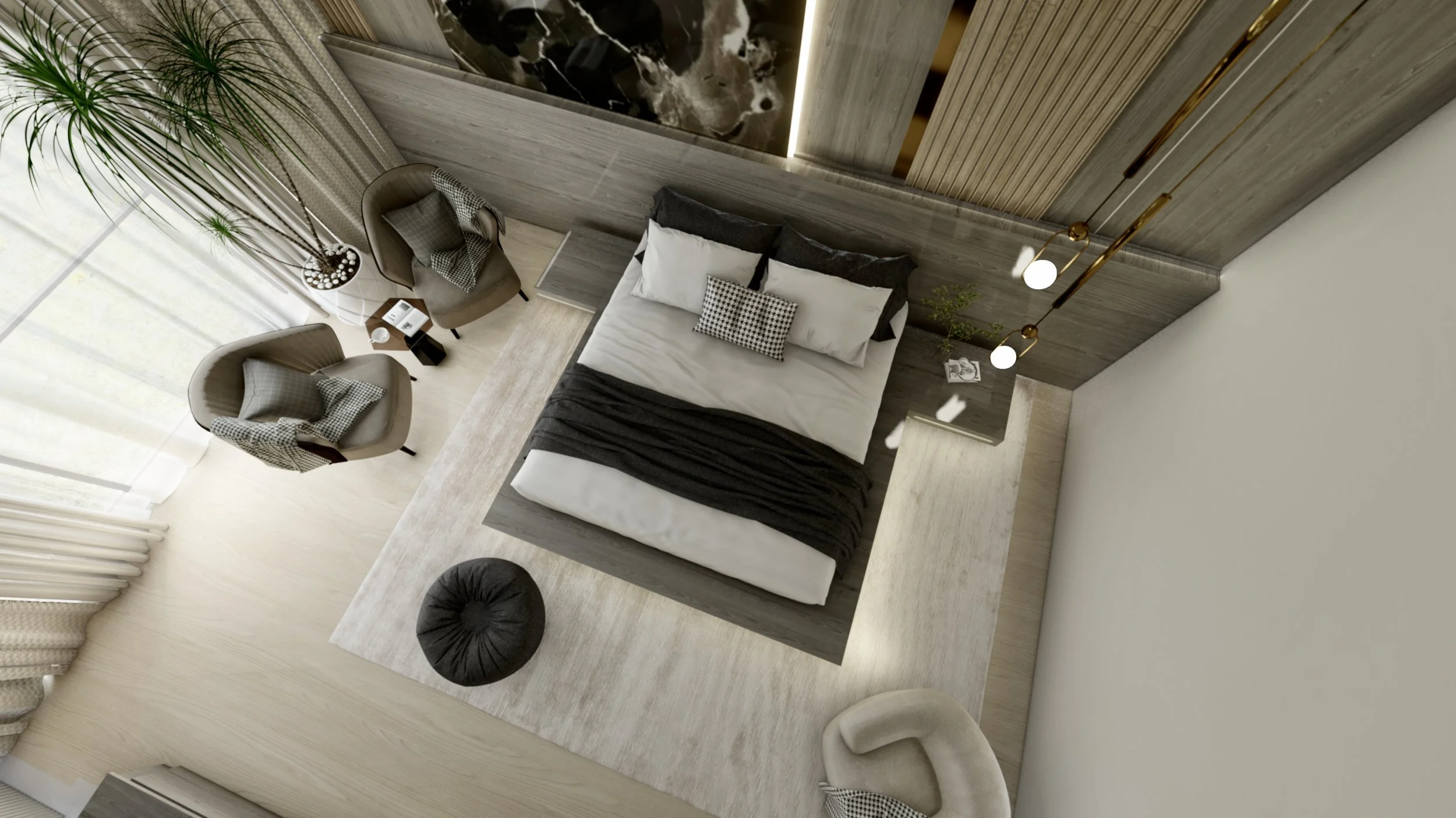 Top-down view of a modern bedroom featuring a bed with black, white, and checkered pillows, beige rugs, a small bedside table, a black round pouf, two beige armchairs with checkered cushions, and a large window with white drapes.