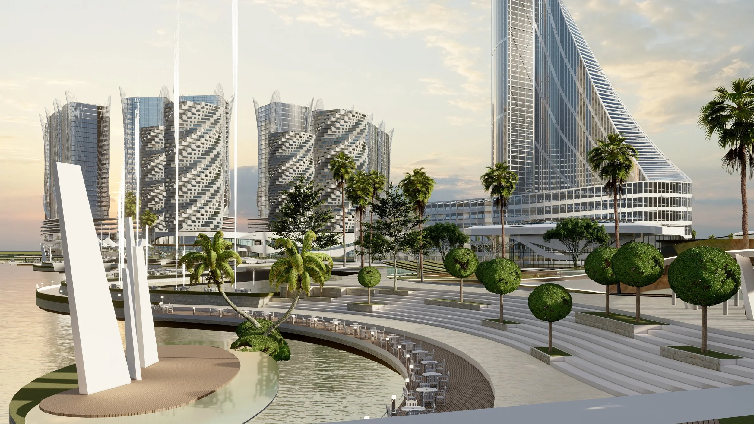Modern waterfront development with skyscrapers, palm trees, landscaped terraces, and seating areas.