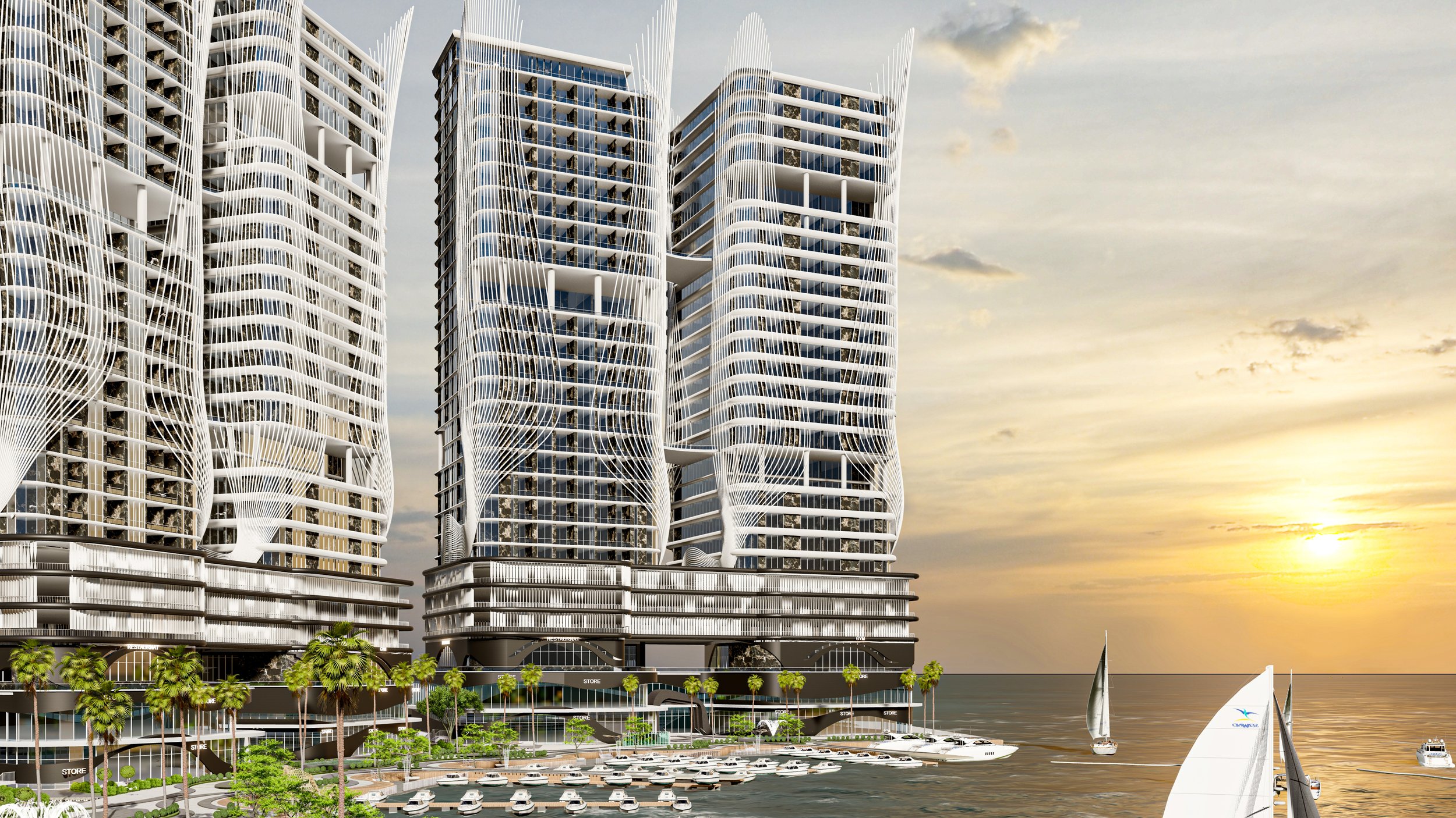 Futuristic high-rise buildings with curved, white exteriors and numerous balconies beside a waterfront with sailboats and a sunset.