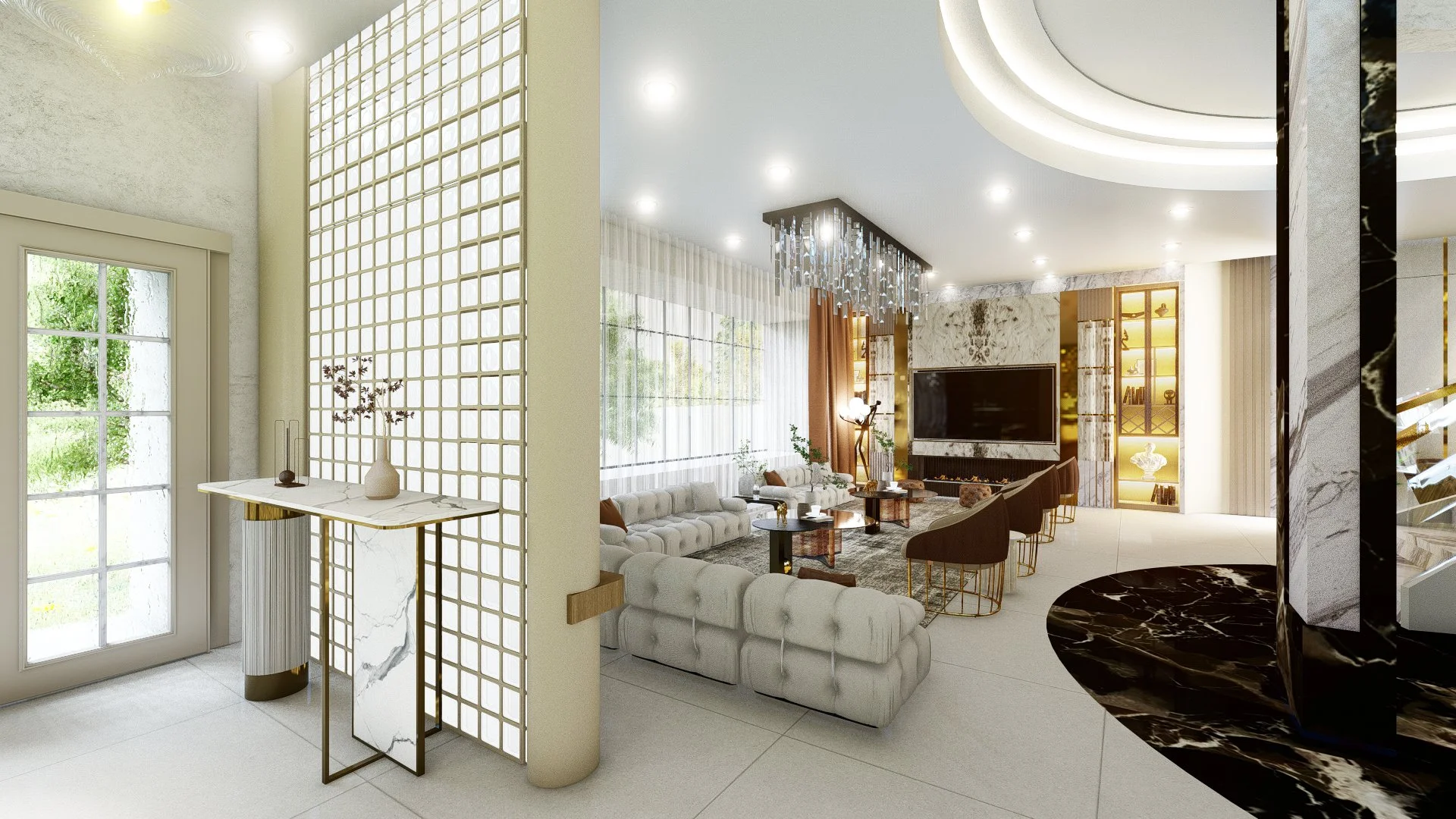 Modern living room with beige and gold accents, large window with sheer curtains, plush beige sofa, black chairs with gold legs, and a large TV mounted on a marble wall with built-in shelves illuminated with yellow lights.