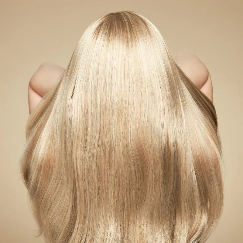 Close-up of shiny, straight, blonde hair from the back.