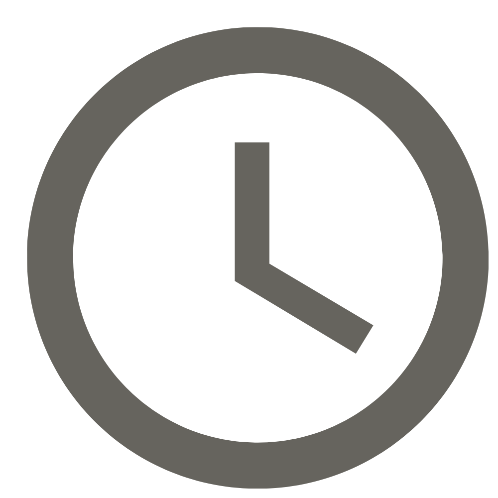 A clock icon with a black face and gray hour and minute hands, surrounded by a gray circular border.
