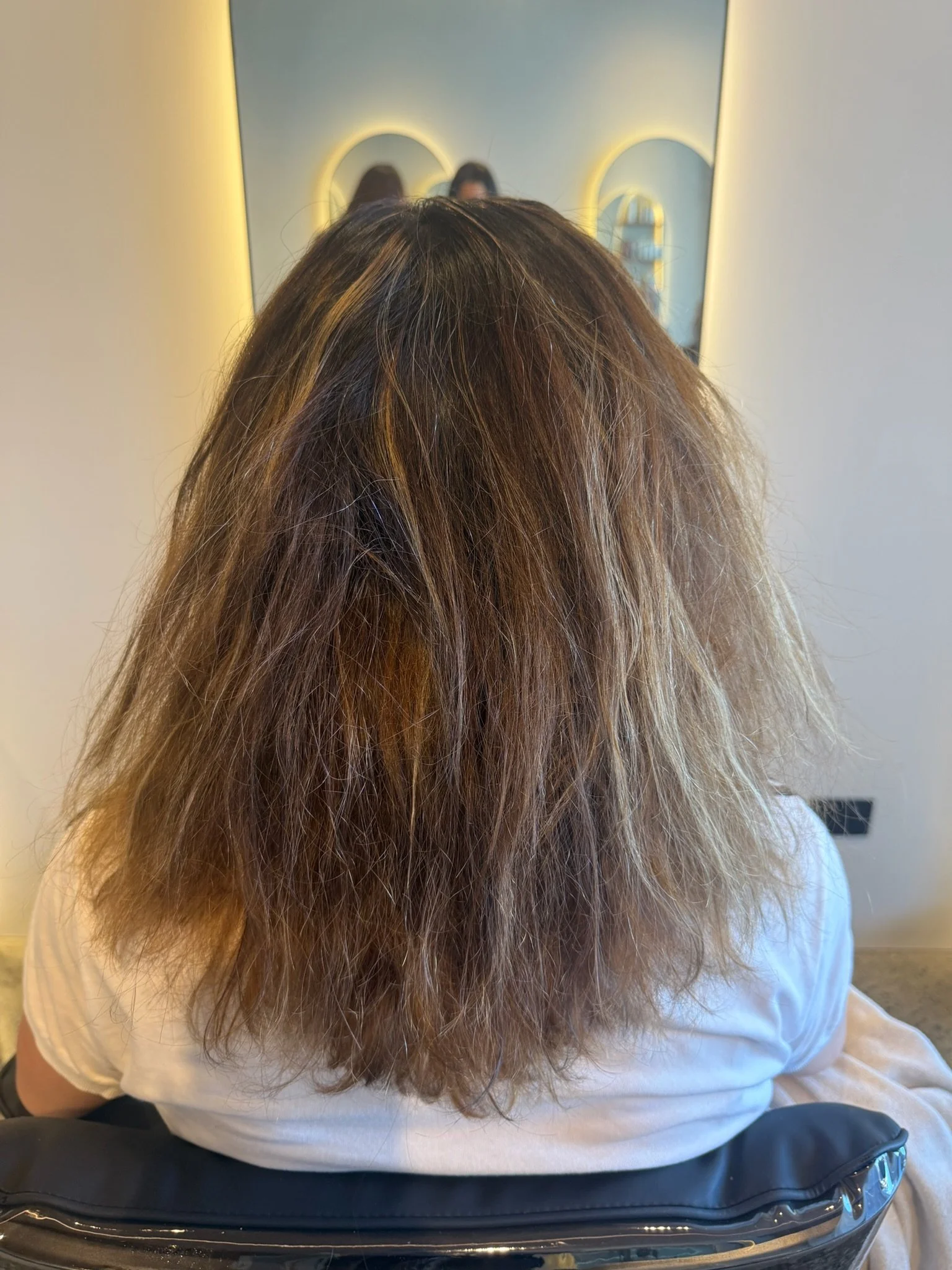 Before Nanoplasty hair straightening showing frizzy wavy brown hair prior to treatment at Straight & Sleek salon.