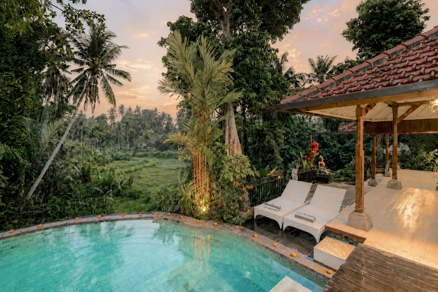 A serene outdoor tropical scene at sunset with a pool, white lounge chairs, lush greenery, and traditional wooden structure with a tiled roof.