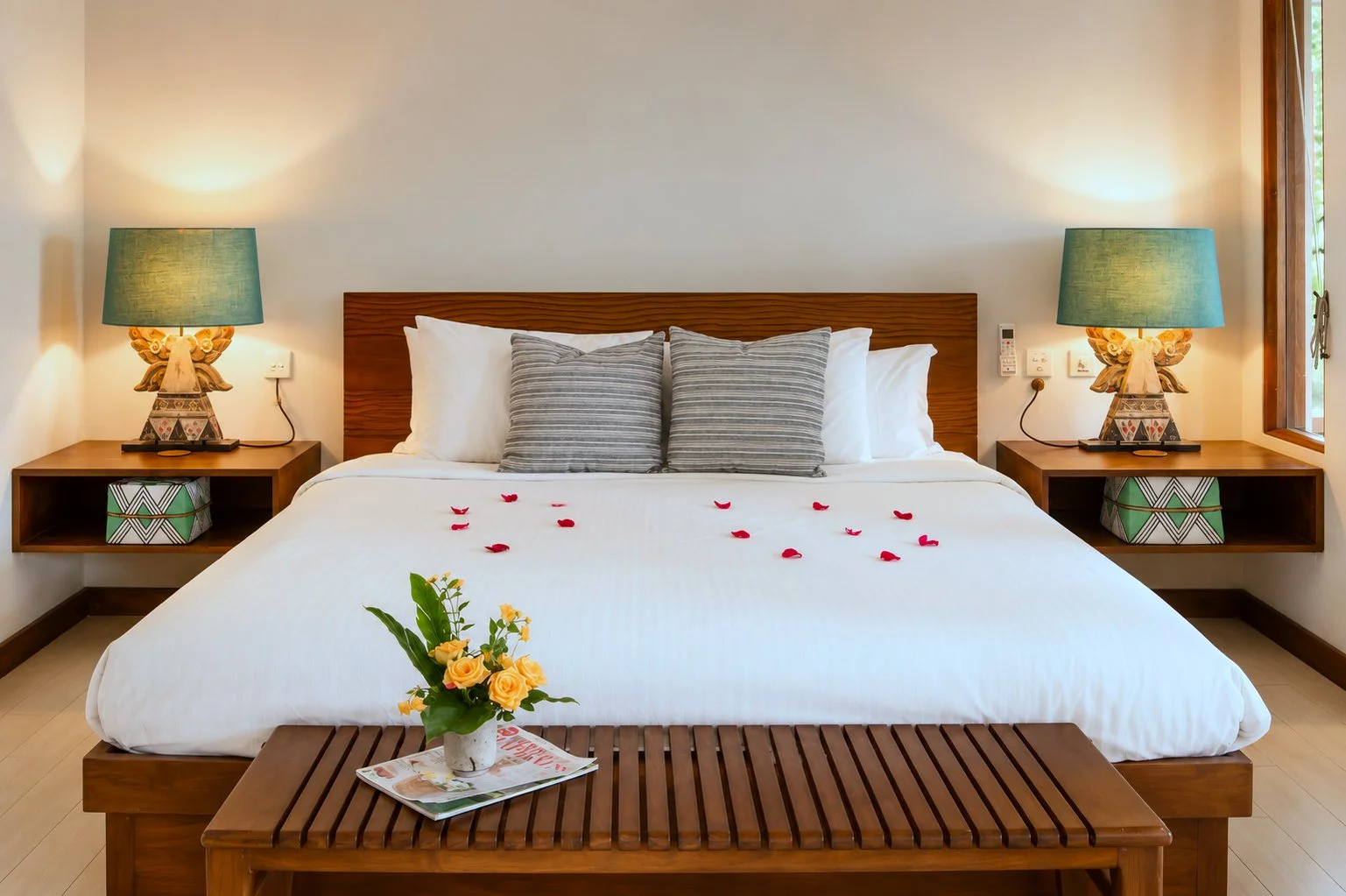 A neatly made bed with white sheets, two gray striped pillows, and rose petals scattered on it. There are two nightstands with blue lamps and a window on the right.