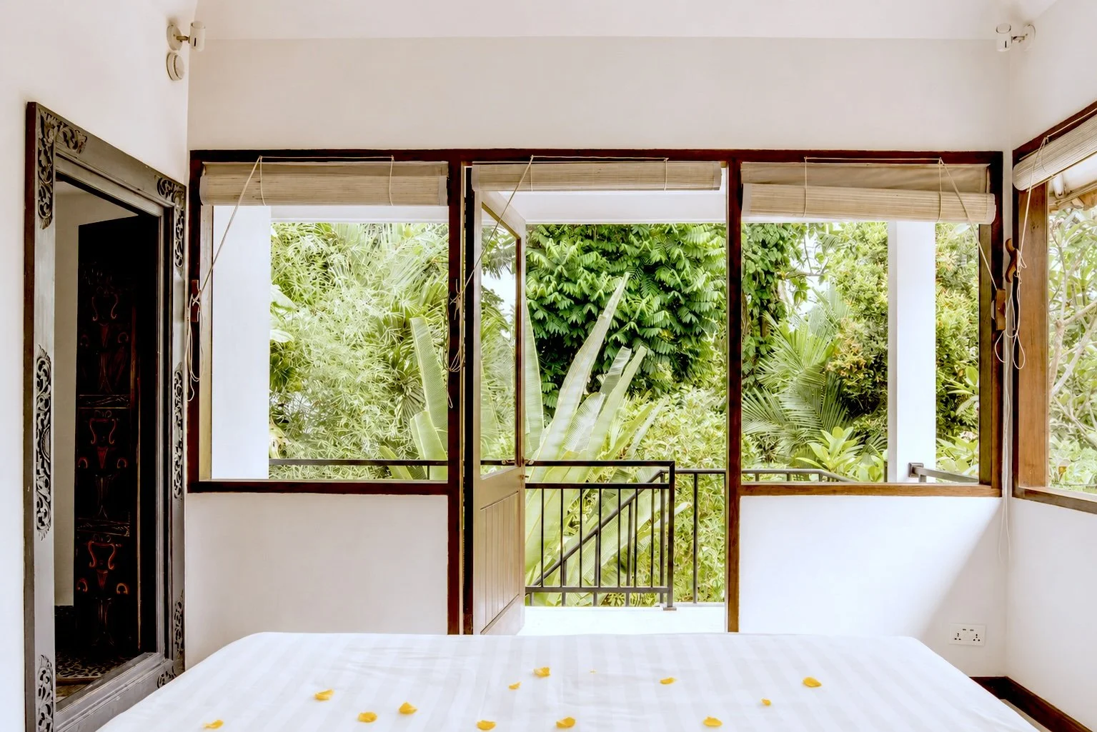 View from a bedroom with open windows showing lush green tropical plants outside, a bed with a white sheet and yellow flower petals, and a mirror with ornate black frame on the left.