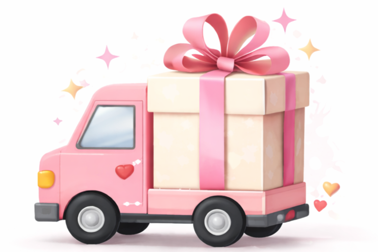 A pink toy truck with a large cream-colored gift box with pink ribbon and bow on top in the back. The truck has a small red heart sticker on the driver's door.