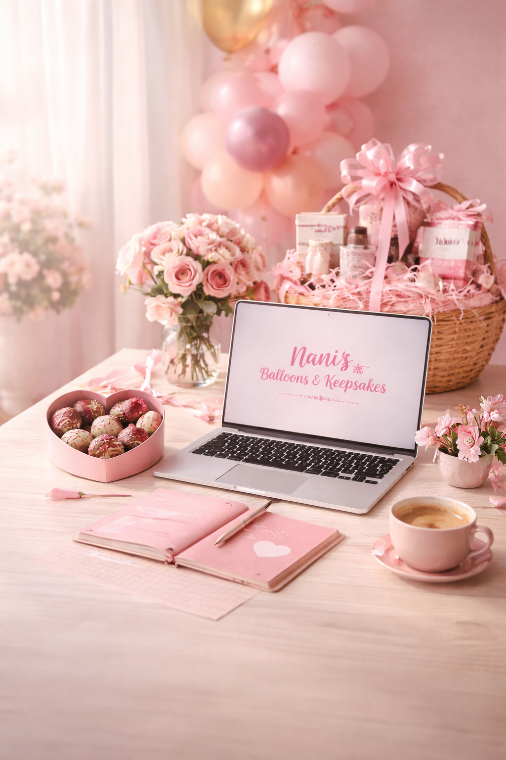 A pink-themed table setup with a laptop displaying 'Nan's Balloons & Keepsakes', a bouquet of pink roses, a heart-shaped box of decorated chocolates, a pink notebook with a pen, a pink cup of coffee, and pink flowers in a small vase. In the background, there are pink and gold balloons and gift baskets.