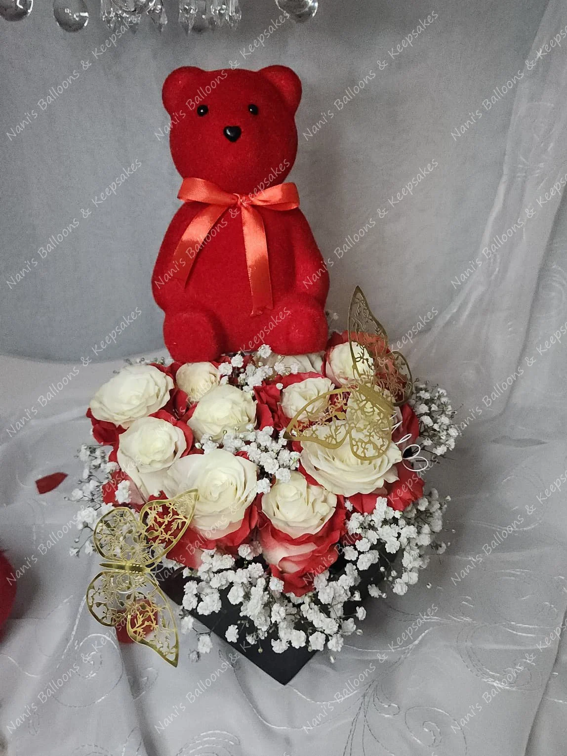 Red Velvet Flocked Bear Rose Heart Arrangement