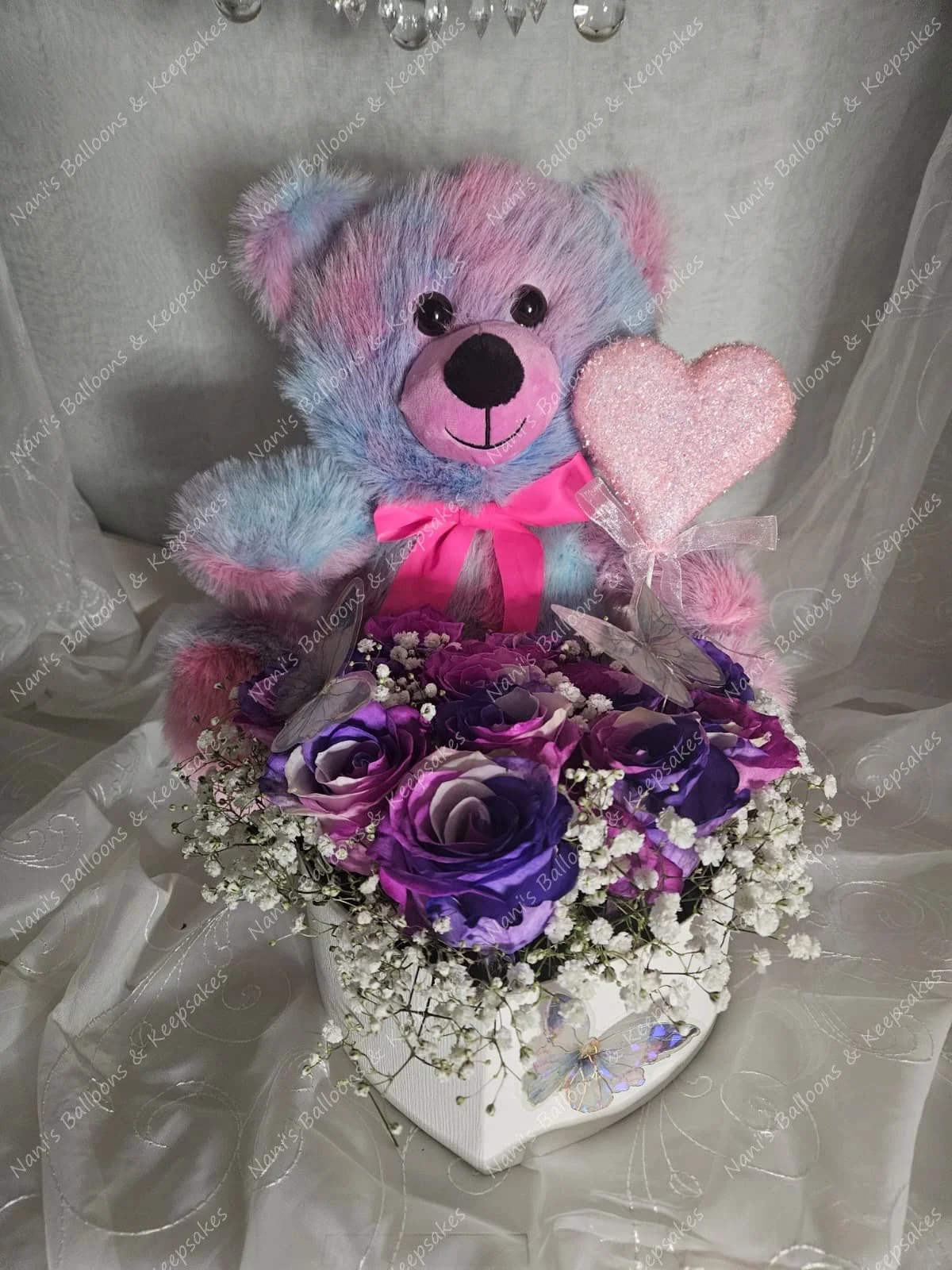 Tie-Dye Bear & Fresh Rose Heart Arrangement