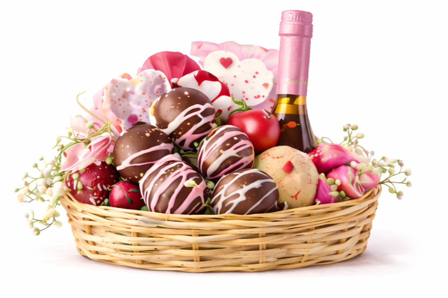 A wicker basket filled with decorated Valentine chocolates, a bottle of pink champagne, and pink and red flowers.