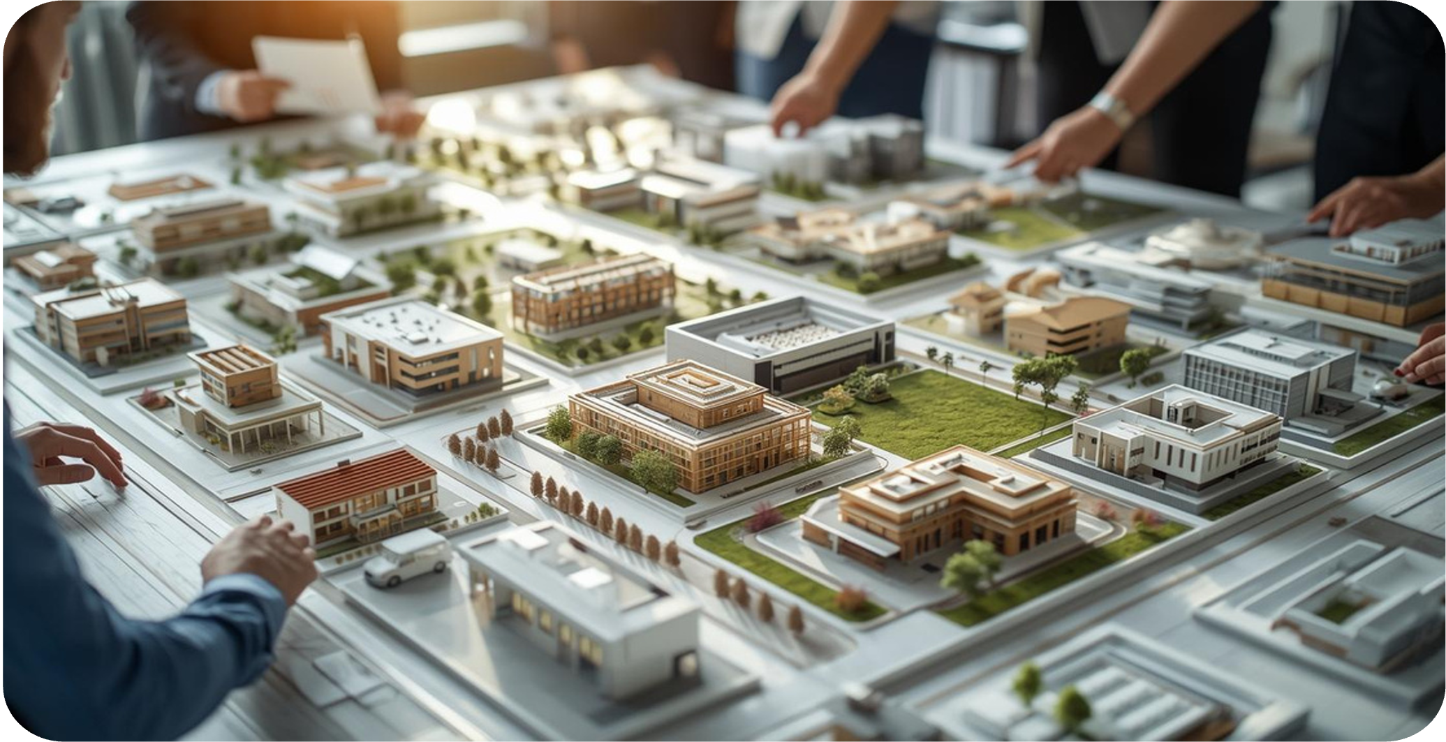 Architectural scale model of a modern residential and commercial development on a table, with people discussing and examining the models.
