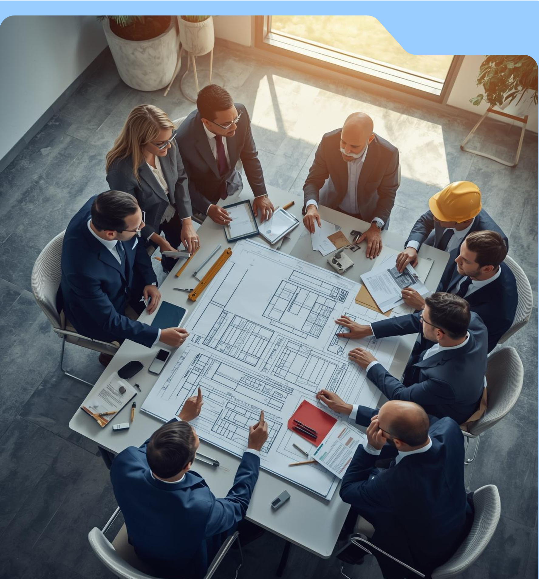 A group of professionals in suits, including a woman, are gathered around a table with architectural blueprints, discussing a construction project in a modern office with large windows and natural light.