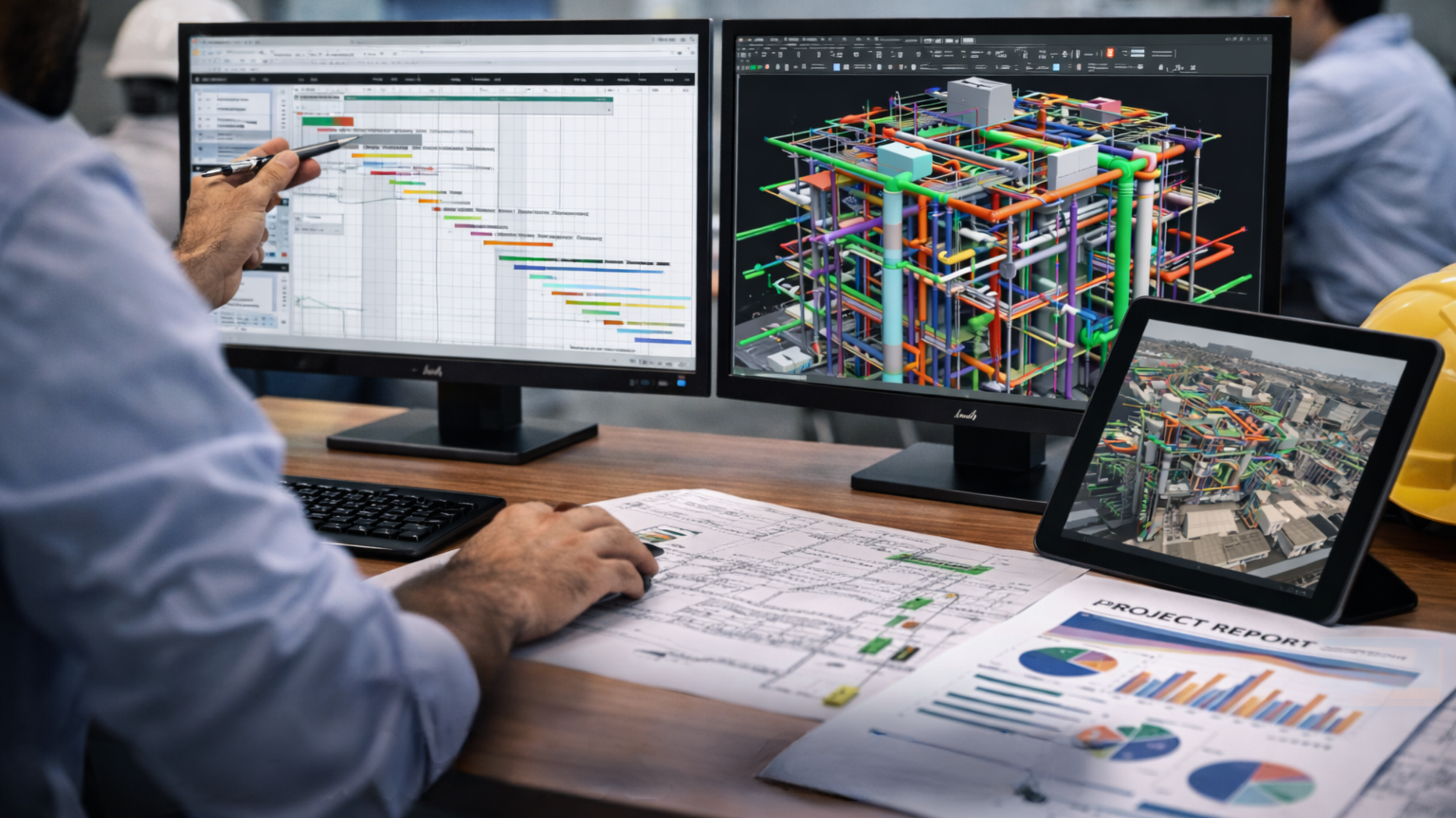 An engineer or architect working on a project at a desk with multiple monitors and a tablet, displaying 3D models of a building's piping system and project plans.