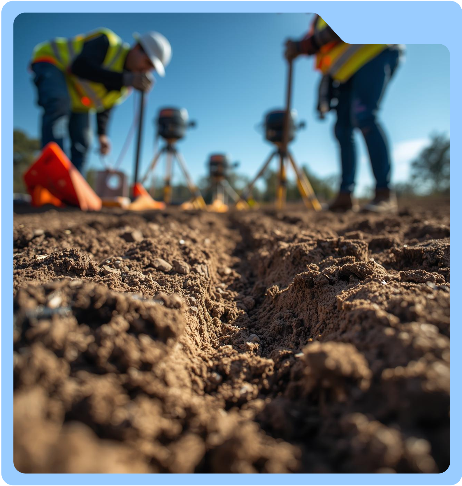 Close-up of soil with earthwork tools and survey equipment in the background, showing workers measuring or inspecting the land.