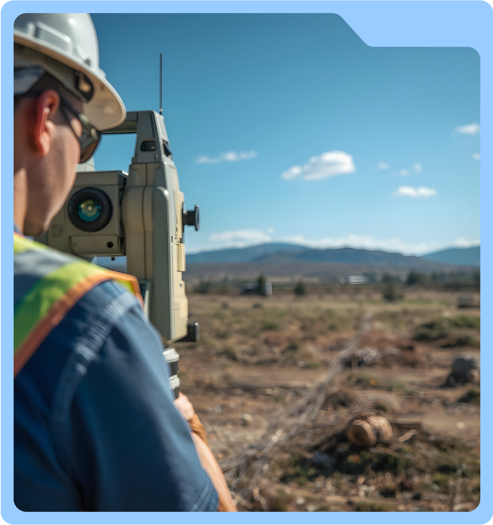 A surveyor using specialized equipment in a desert landscape with mountains in the background under a clear blue sky.