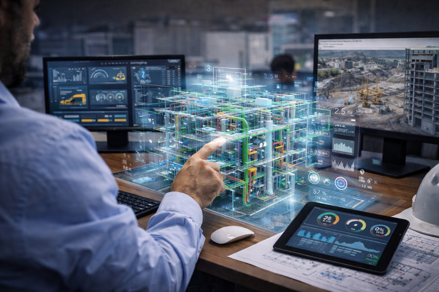A man working on a digital interface with a 3D holographic model of a building's infrastructure, surrounded by multiple monitors displaying data and images related to construction and development projects.