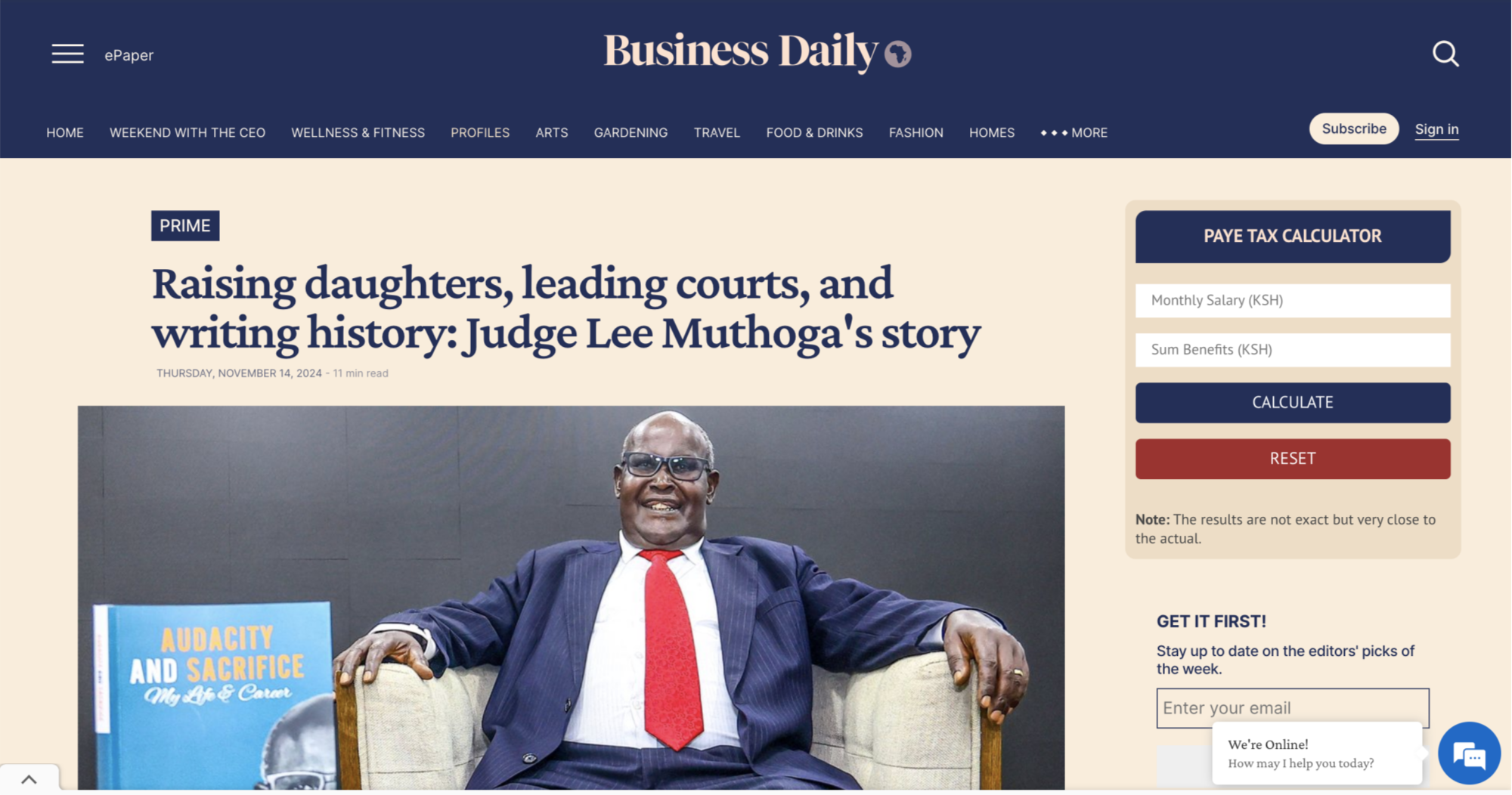 Screenshot of a Business Daily webpage featuring an article about Judge Lee Muthoga, with a photo of Judge Lee Muthoga sitting in a chair smiling, wearing a suit and red tie, with a book titled "Audacity and Sacrifice" on his left.