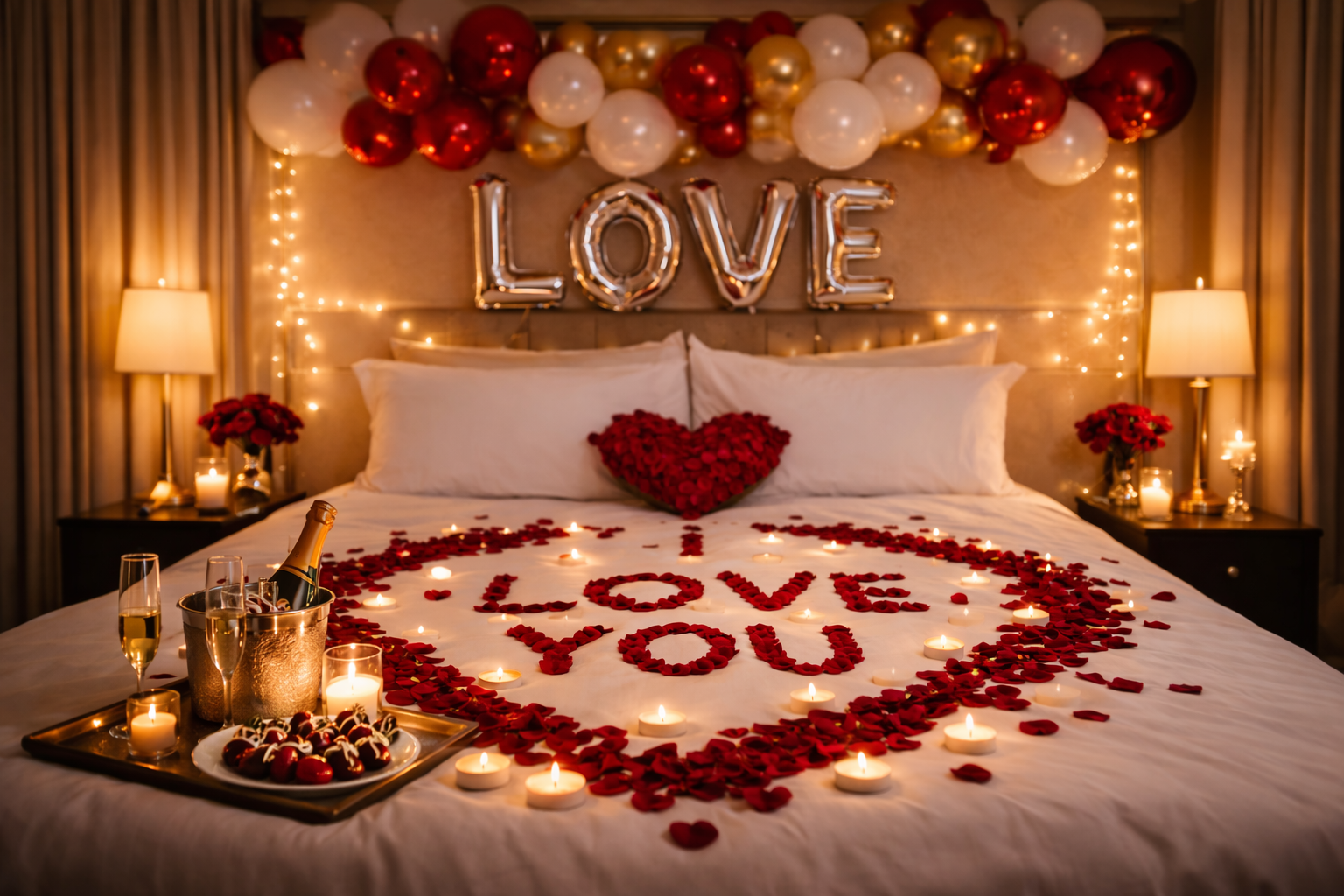 A romantic bedroom decorated for Valentine's Day with a heart-shaped arrangement of red rose petals and candles on the bed spelling out "LOVE YOU." A balloon arrangement spelling "LOVE" hangs above the bed, accompanied by string lights. There are lamps and flower arrangements on nightstands.