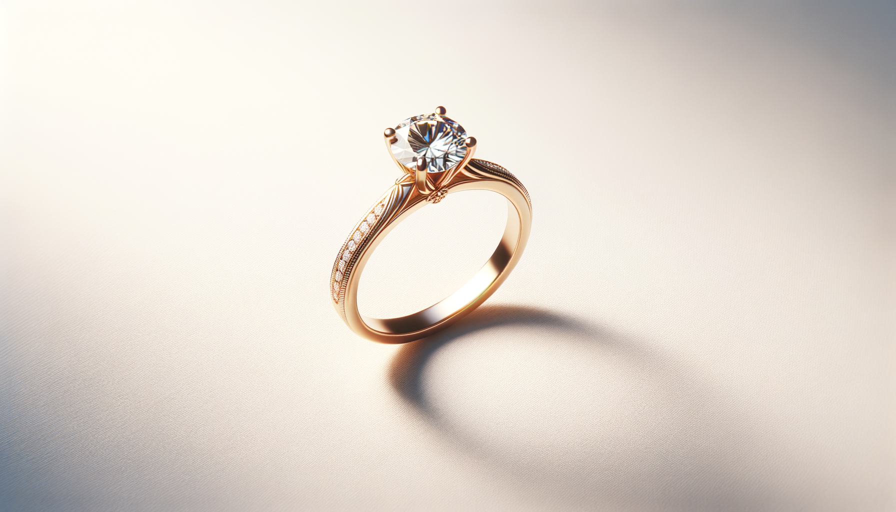 A gold engagement ring with a large round diamond solitaire in a prong setting and small stones embedded along the band, set against a light-colored background.