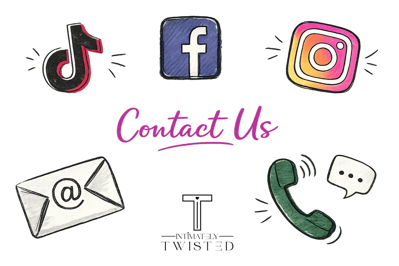 Colorful illustrated icons of TikTok, Facebook, and Instagram logos at the top, with a purple neon 'Contact Us' text below and an envelope, a telephone, and a speech bubble at the bottom.