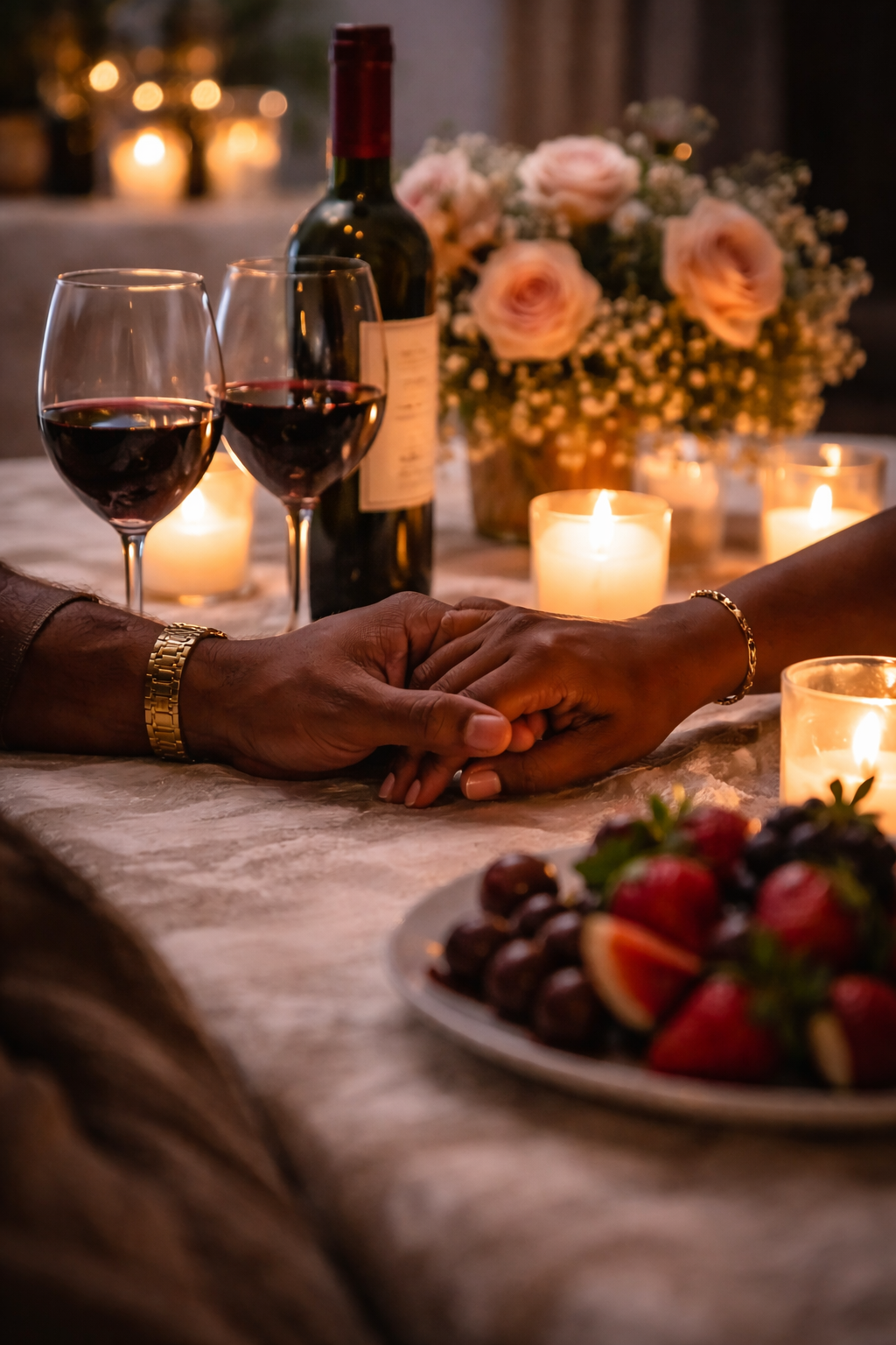 A romantic dinner with a couple holding hands across a table, with candles, wine, flowers, and a plate of strawberries and grapes.