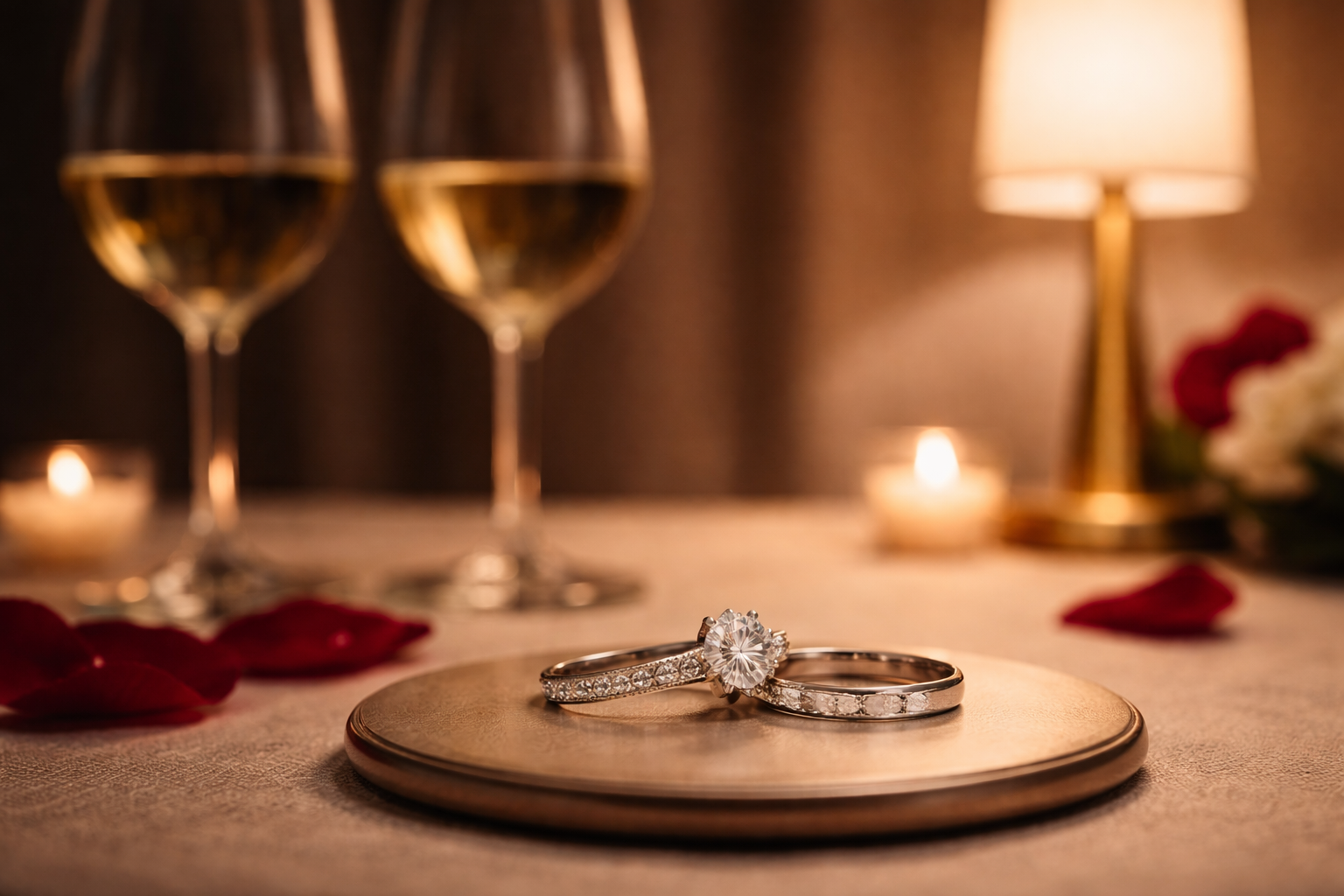 Close-up of elegant diamond engagement ring and wedding band on a round gold tray, with wine glasses, candles, and a lamp in a romantic setting with rose petals in the background.