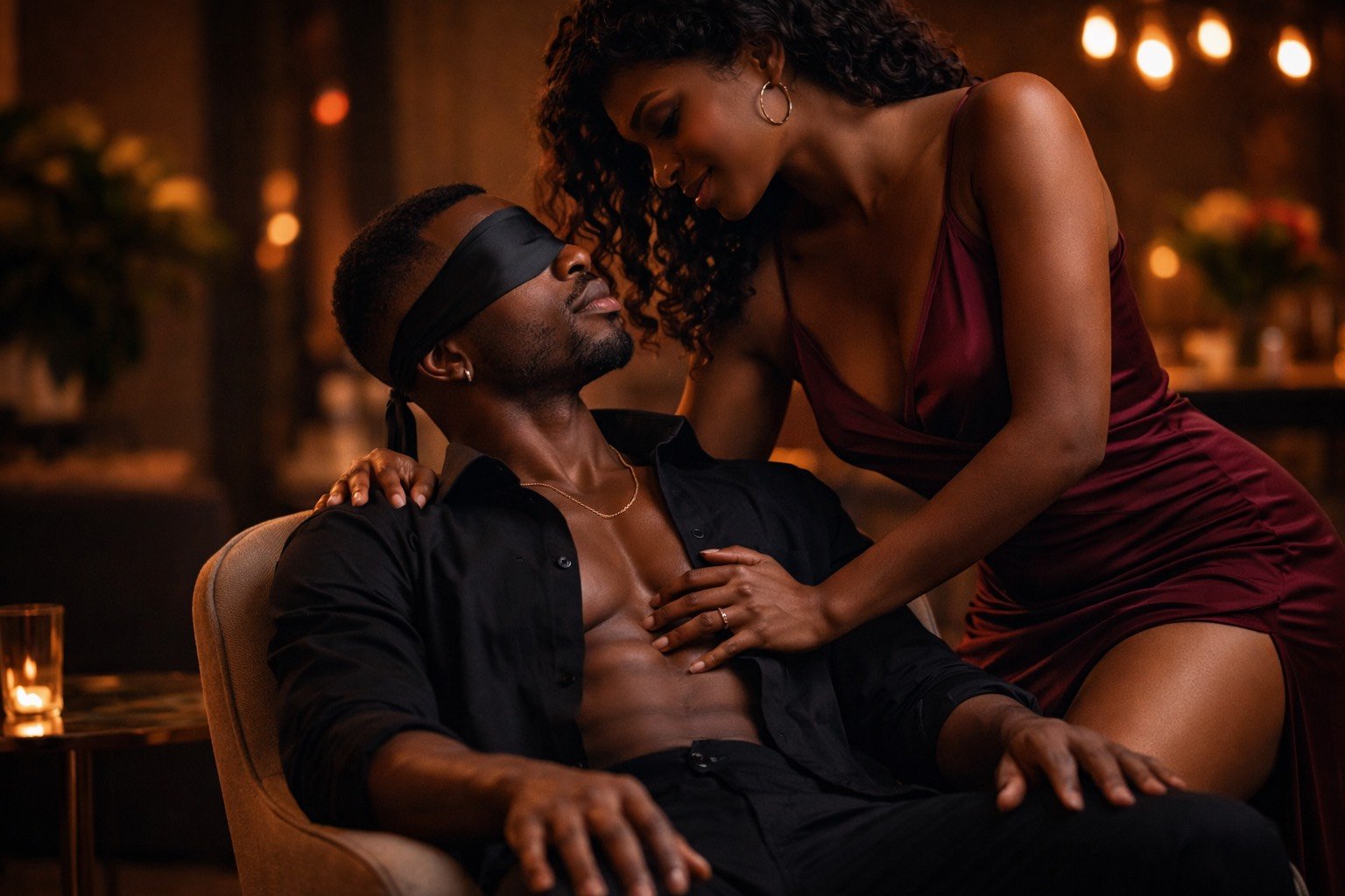 A man wearing a black blindfold and open black shirt, sitting in a chair with a woman leaning over him in a dimly lit room. The woman is wearing a red slip dress, and they are almost touching noses, in an intimate setting with warm lighting and blurred background.