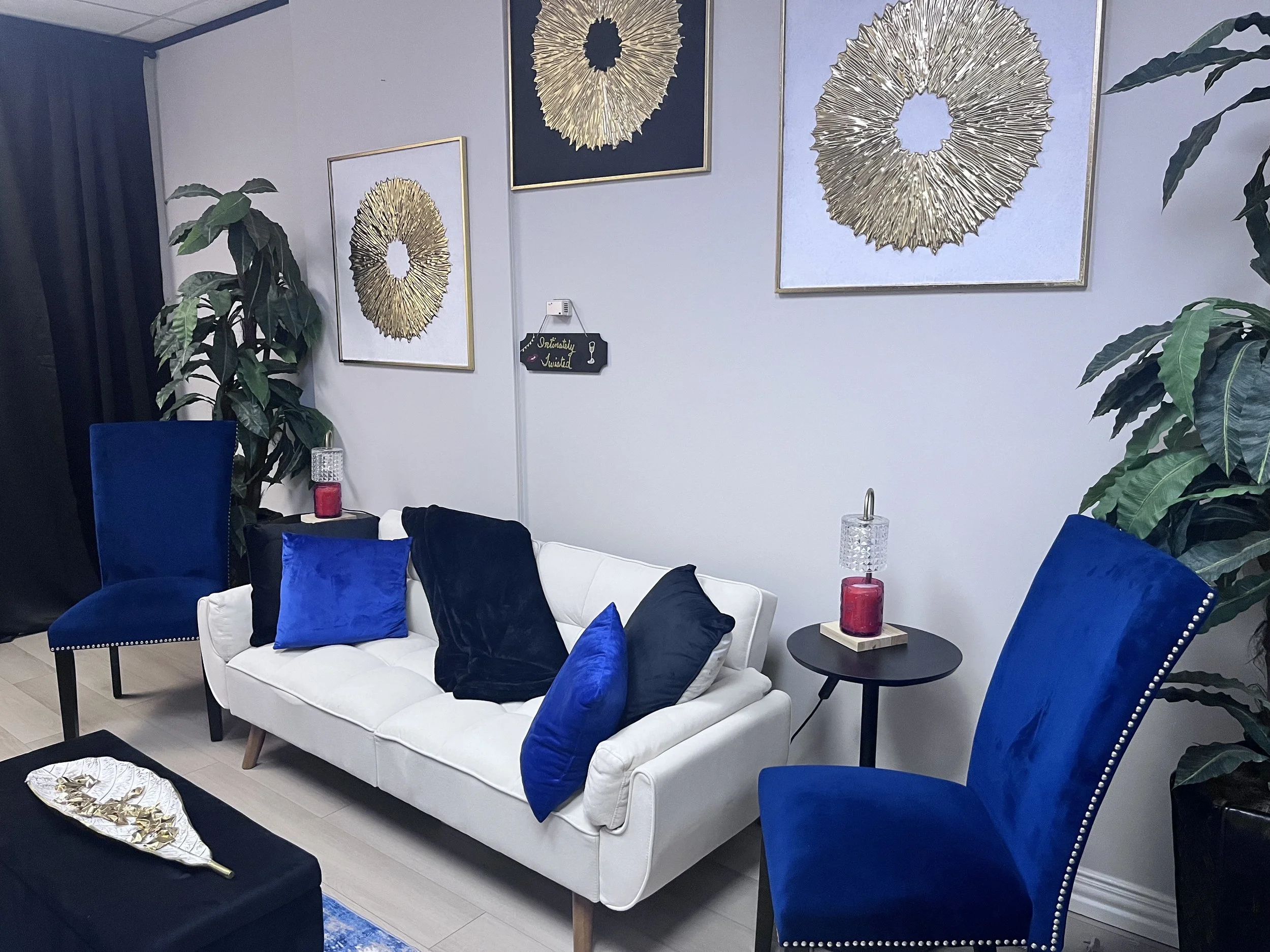 Living room with white sofa and blue and black pillows, blue velvet chairs, black side tables with lamps, large green plants, framed gold circular wall art, and a sign that reads 'Seriously Twisted'.