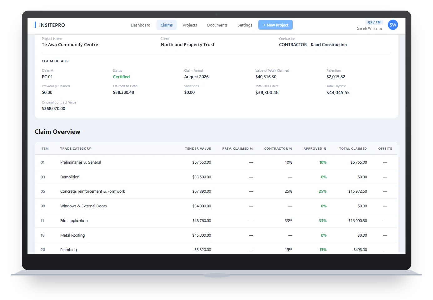 Screenshot of a project management dashboard from INSITEPRO displaying claim details and overview for an example construction project.
