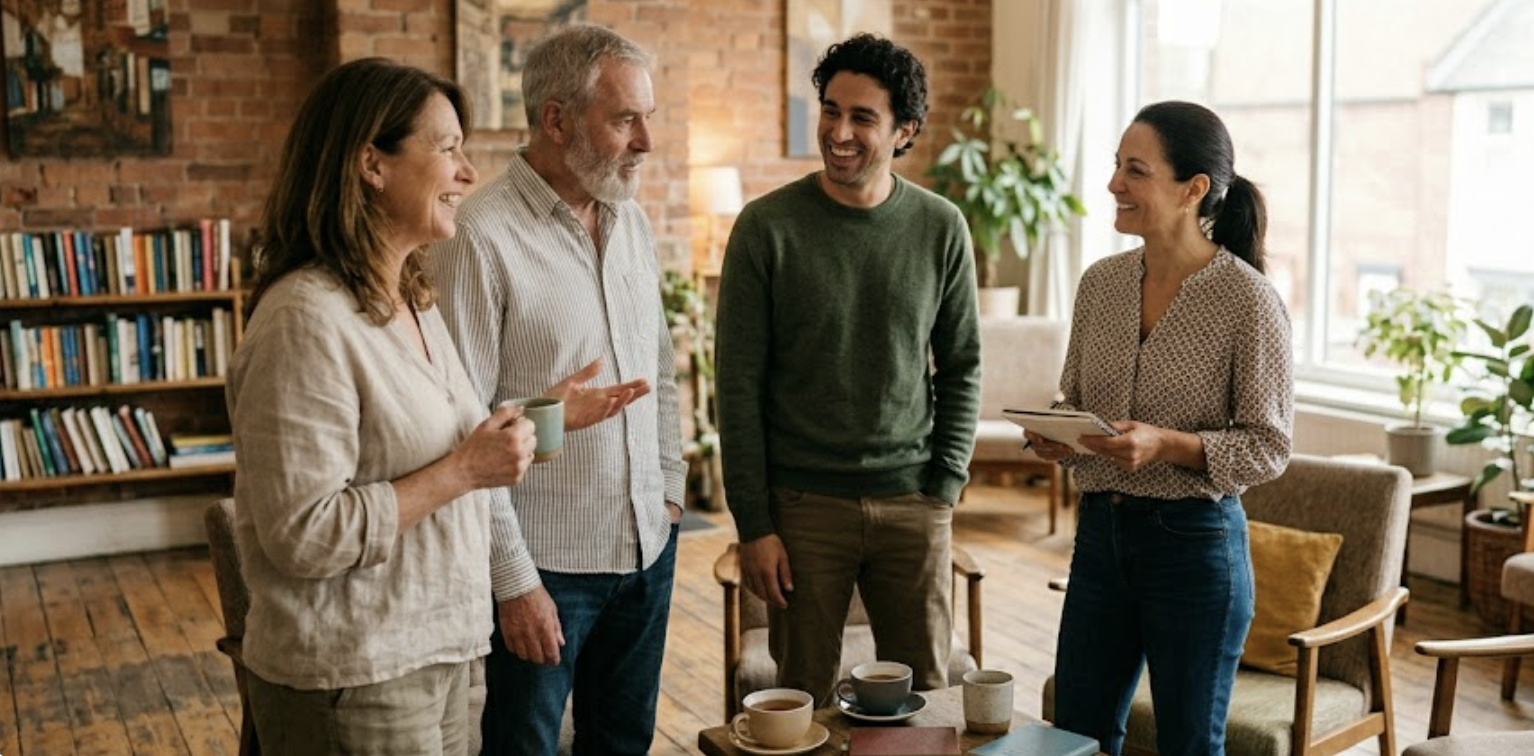 Four people, two men and two women, standing and smiling in a cozy living room, engaged in conversation with coffee cups and a table with several cups and a laptop.