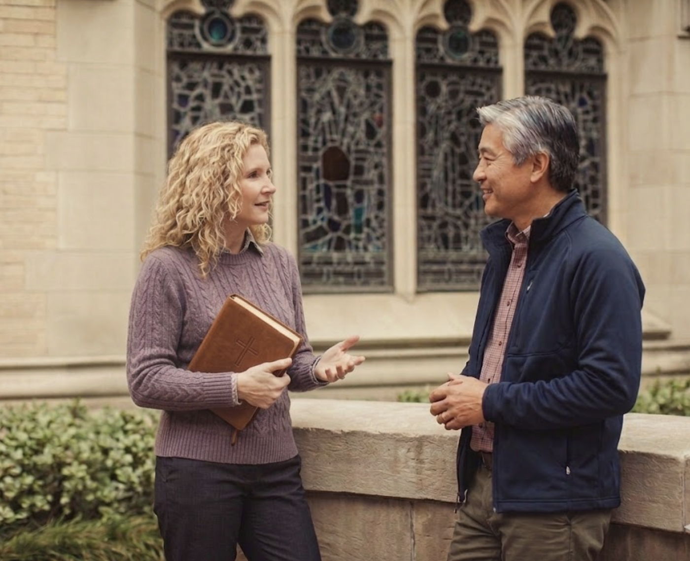 A woman and a man standing outside near a church, engaged in conversation. The woman is holding a Bible and gesturing with her hand. They are smiling and appear to be having a friendly discussion.
