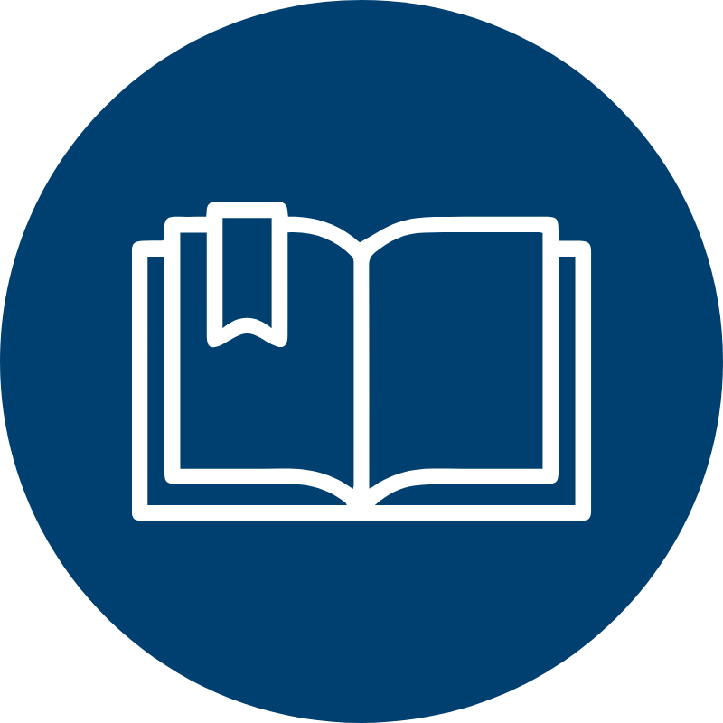 Icon of an open book with a bookmark on a dark blue circular background