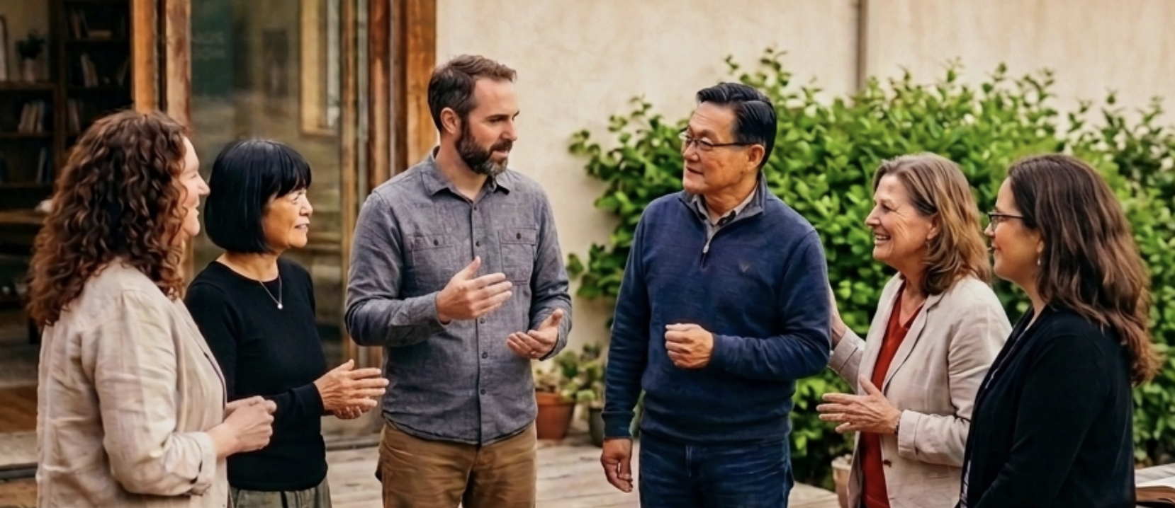 Group of seven people standing outdoors in conversation, with a green bush and a building in the background.