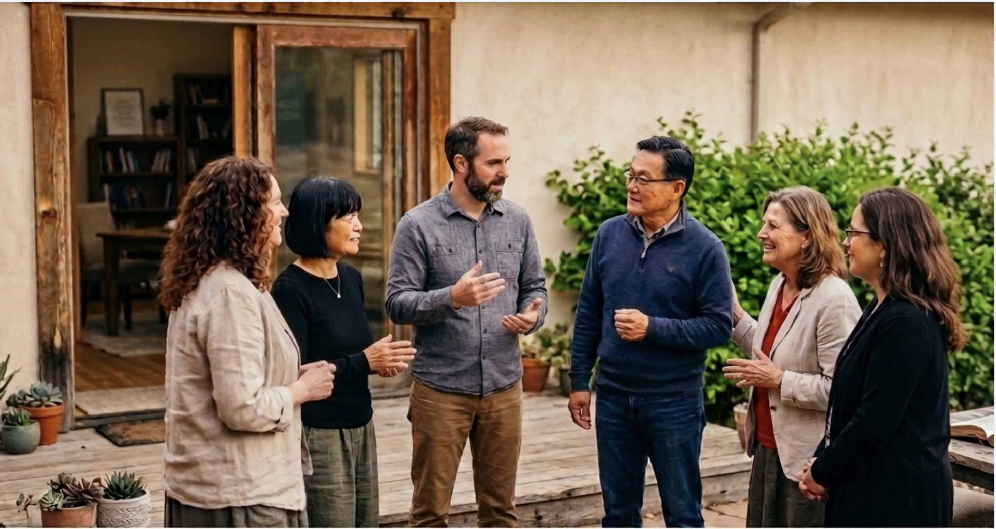 Group of six people talking outdoors on a porch, with a house and green shrubbery in the background.