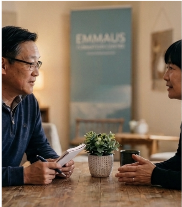 Two people sitting at a wooden table having a conversation, with a plant and a black mug on the table, and a blurred background with a banner that says 'EMAALS'.