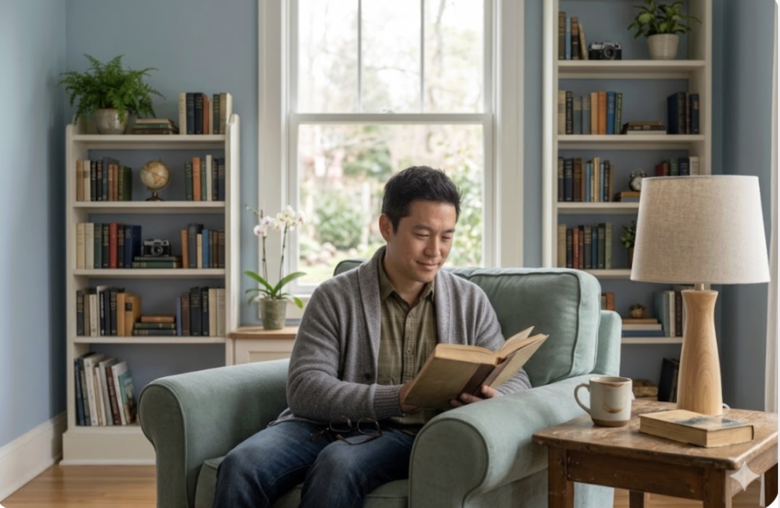 A man sitting on a green sofa inside a living room, reading a book. The room has light blue walls, bookshelves filled with books, a window with outdoor greenery visible, a wooden side table with a lamp, a cup, and a potted orchid plant.