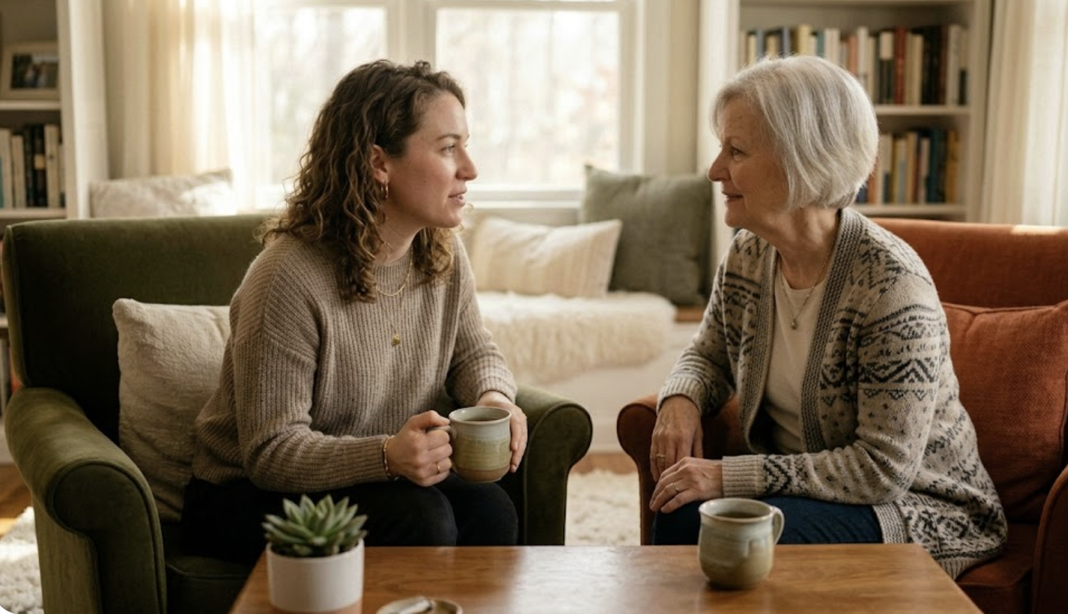 Two women sitting across from each other on armchairs in a living room, talking and holding mugs, with a coffee table and potted plant between them.