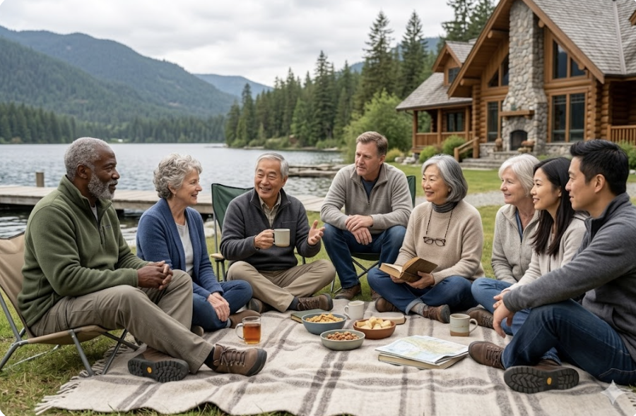 Group of people sitting on a blanket near a lake, enjoying conversation and snacks, with a wooden house and mountains in the background.