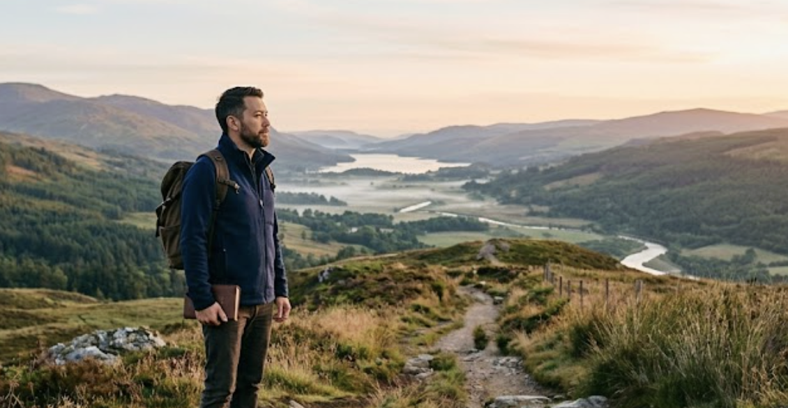 A man hiking on a trail in a mountainous landscape at sunrise, carrying a backpack and holding a book, overlooking a river and rolling hills.