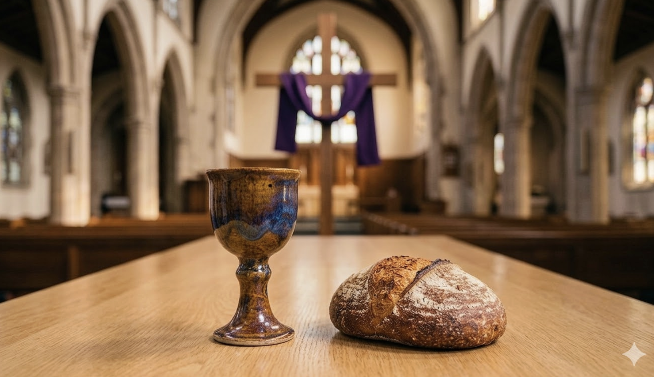 A pottery chalice, a loaf of bread, and a crusty bread roll on a wooden table inside a church with stained glass windows and wooden pews.