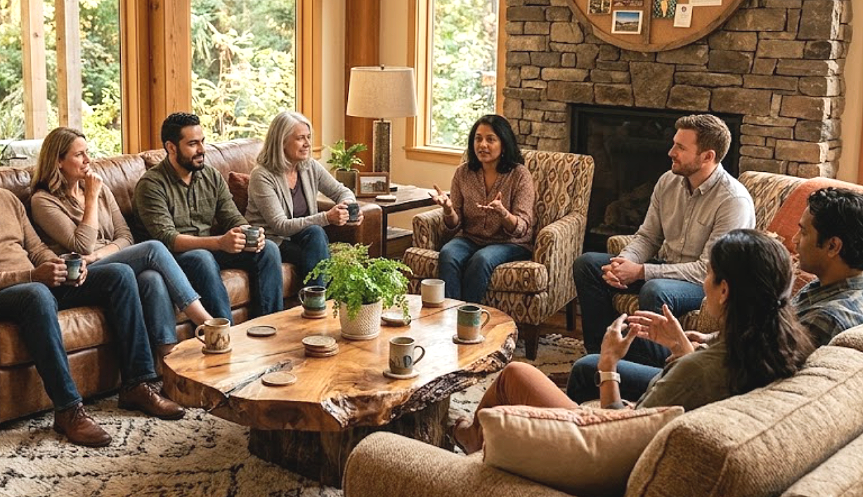 Group of people sitting in a cozy living room, engaged in conversation with a woman in the middle speaking, surrounded by coffee mugs and a potted plant on a wooden coffee table.