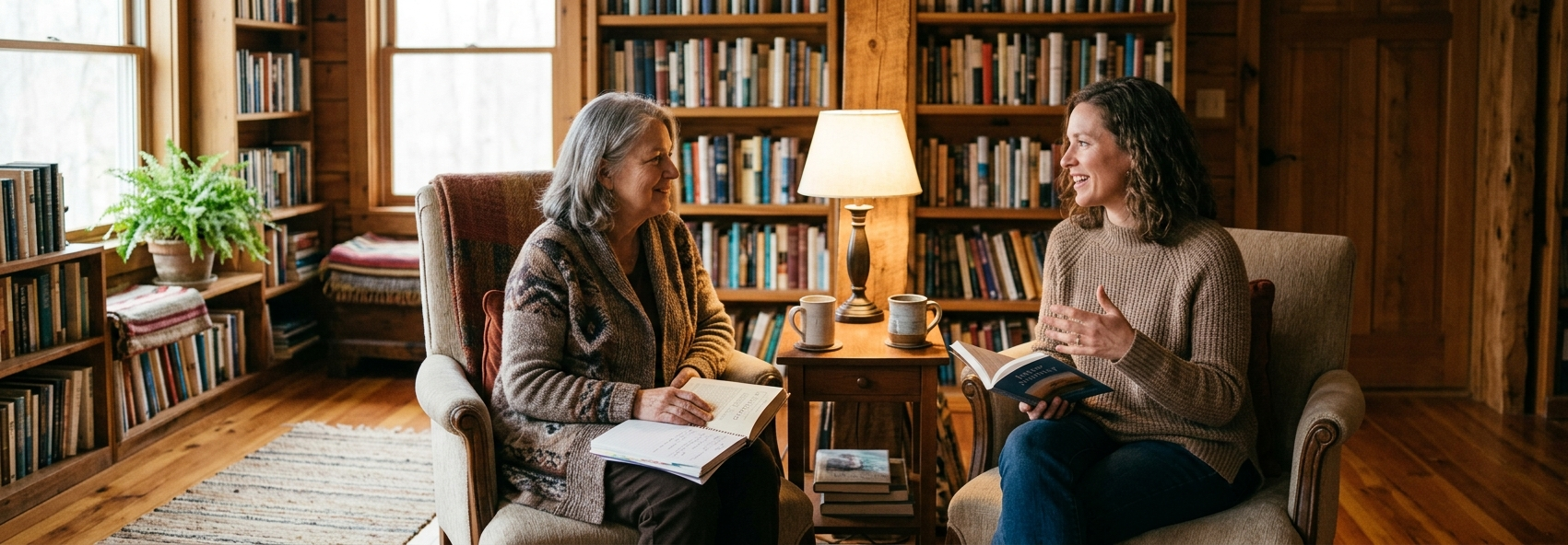 Two women sitting in cozy, wood-paneled library, engaging in conversation with books open, a small table with two mugs and a lamp between them.